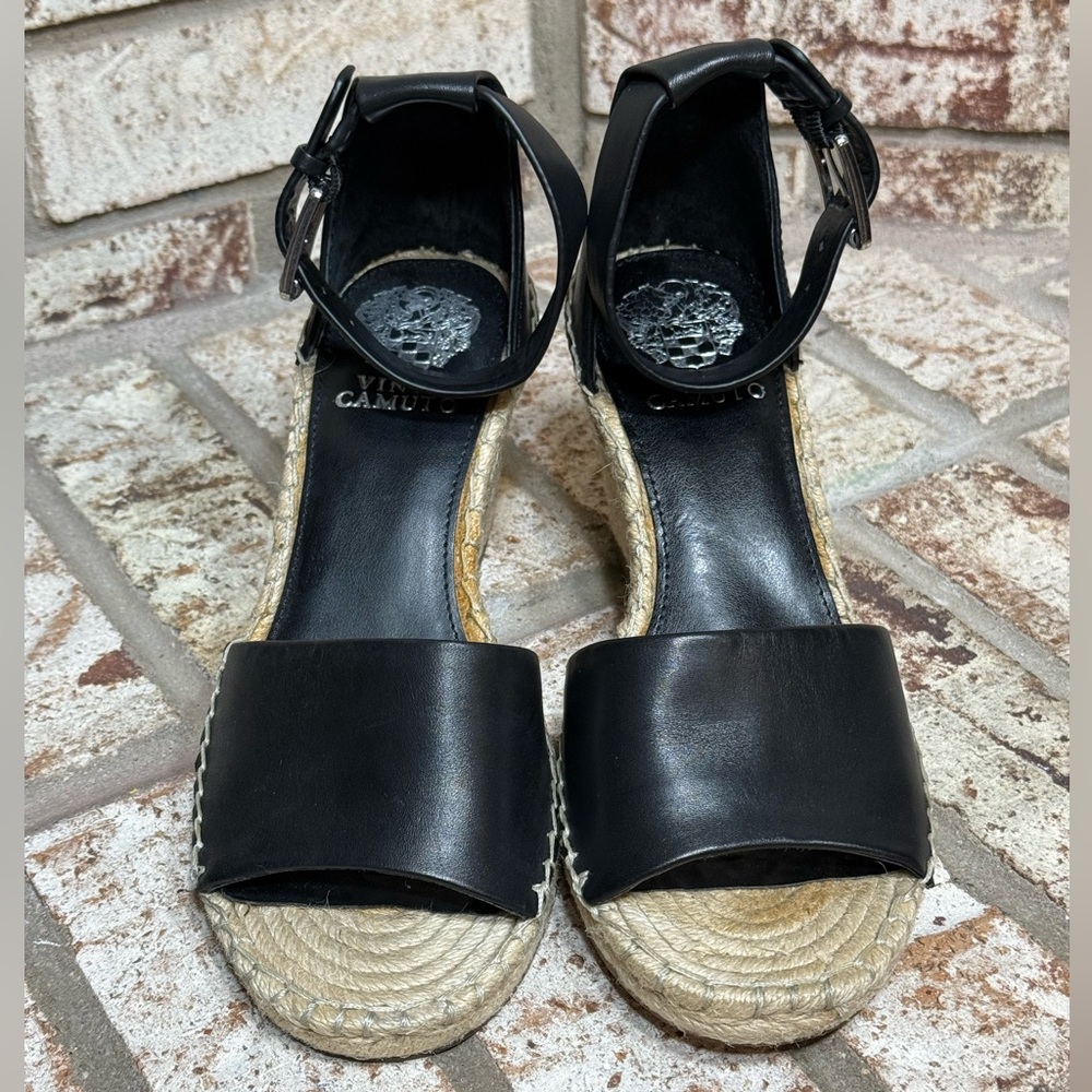 Vince Camuto Leera Black Leather Espadrille Wedge Sandals Size 8M